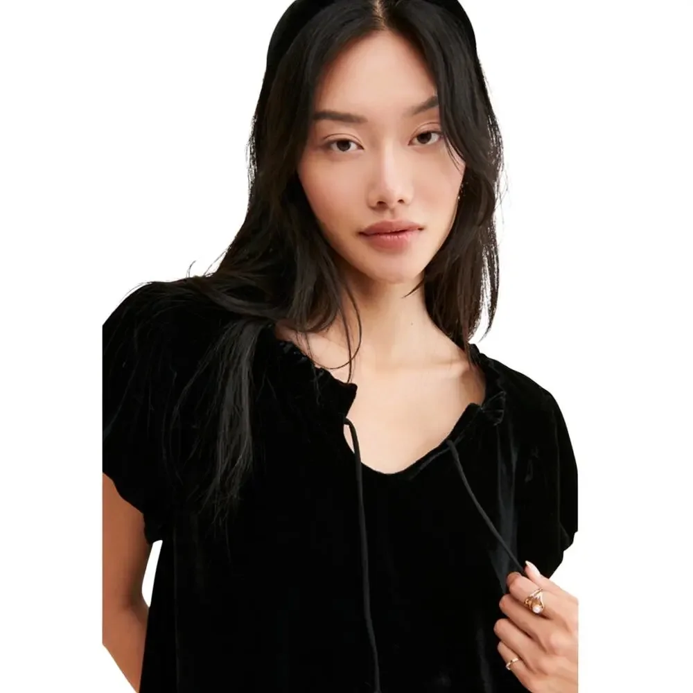 Free People Terese Black Velvet Babydoll Puff Sleeve Top, Romantic, Size Large